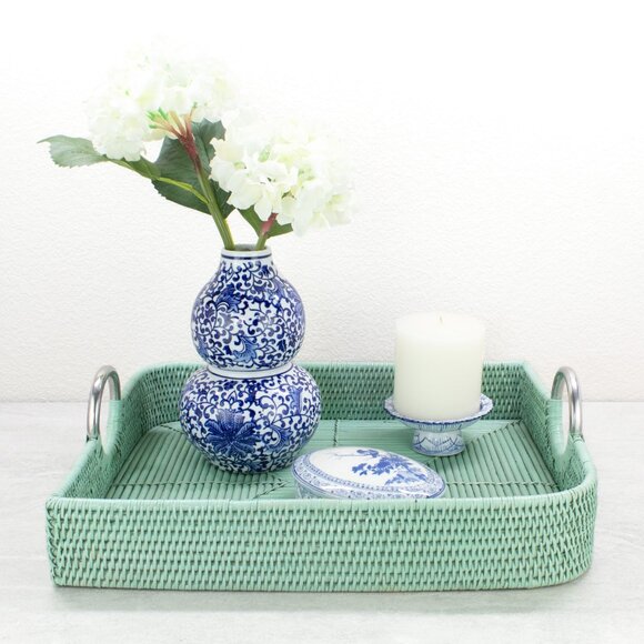 Leaf Shaped Mixed Texture Rattan Tray with Handles, Luxury Home Decor, Sage Leaf